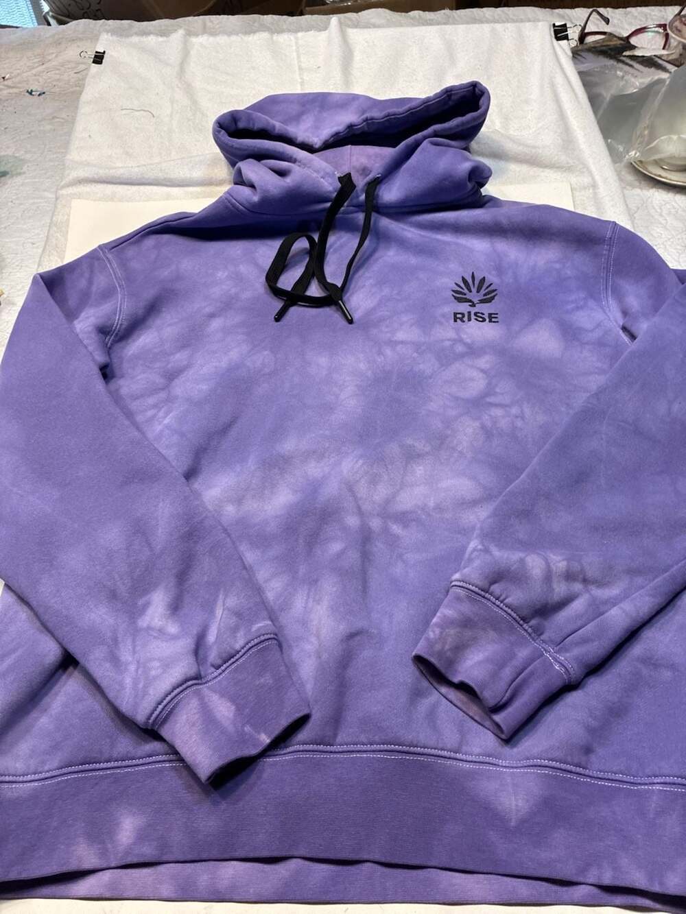 Rise purple tie-dye fleece pullover hoodie with black drawstring